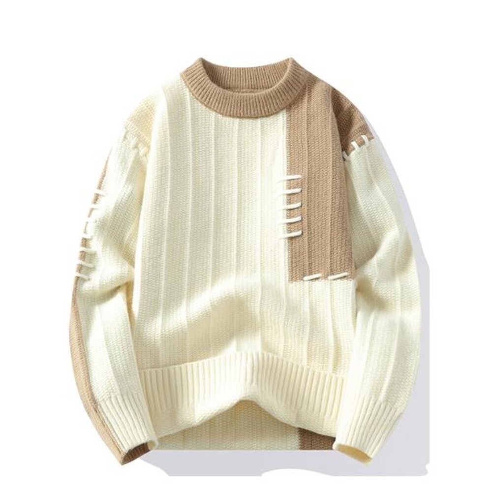 NWT Men's Color Block Ribbed Knit Sweater | Beige & Cream Jumper - Picture 1 of 5